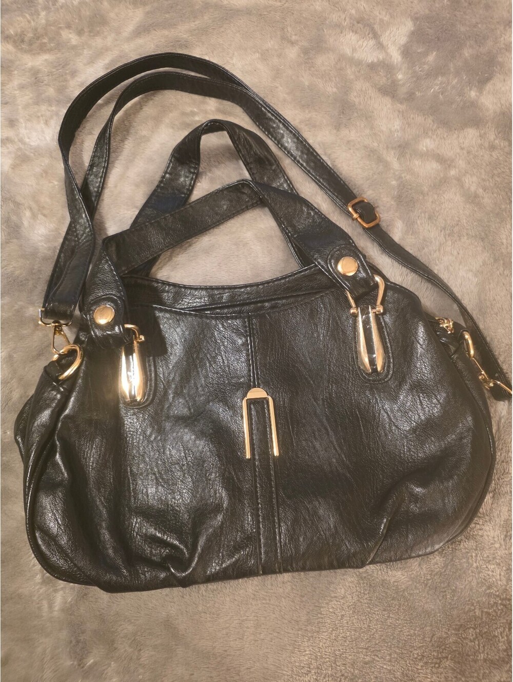 Jingpin Shanshu Black Faux Leather Shoulder Bag with Gold Hardware I